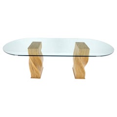 Table de salle à manger de forme ovale de 3/4 po. avec plateau en verre et bases en bambou torsadé 