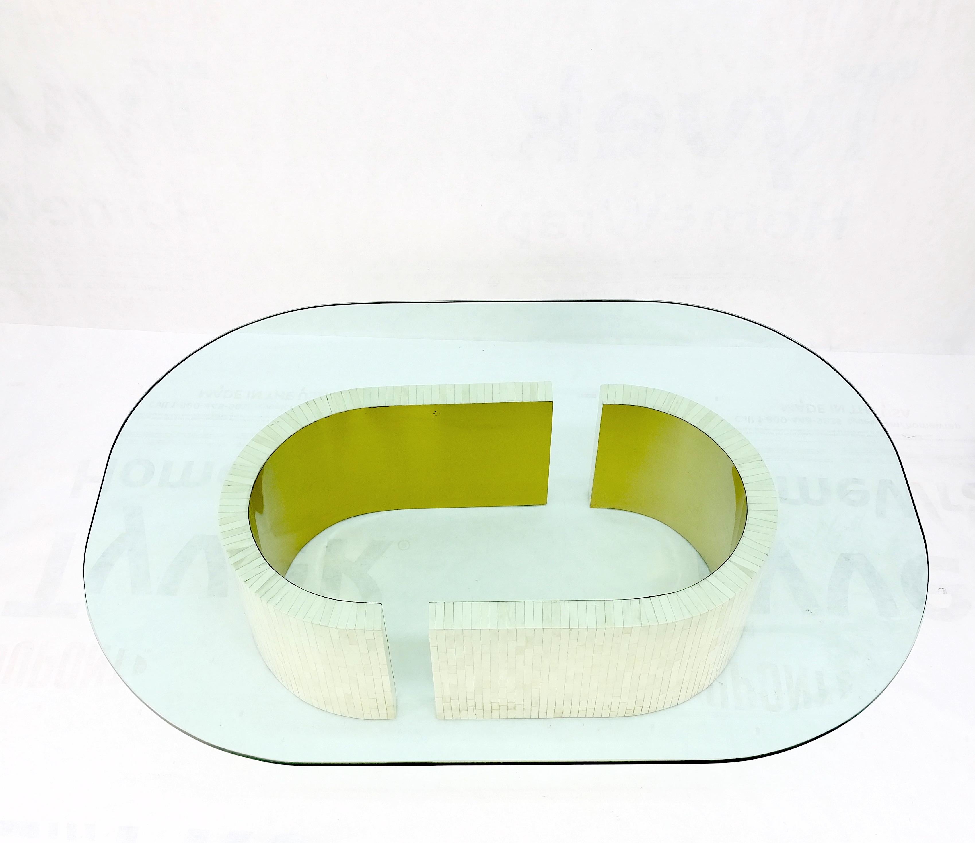 Mid-Century Modern Racetrack Oval Shape Glass Top Tessellated Bone Tile Base Coffee Table Mint For Sale