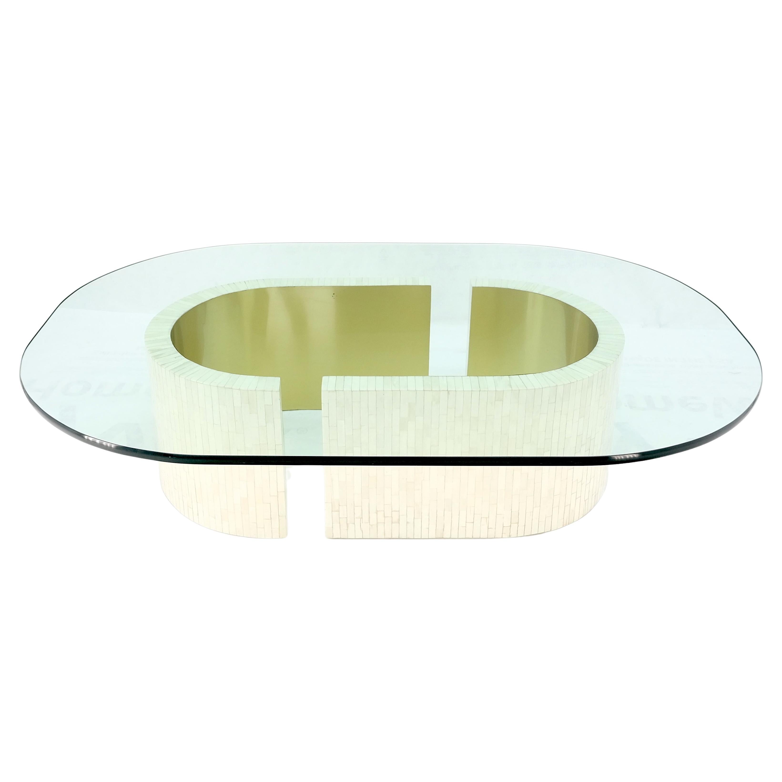 Racetrack Oval Shape Glass Top Tessellated Bone Tile Base Coffee Table Mint