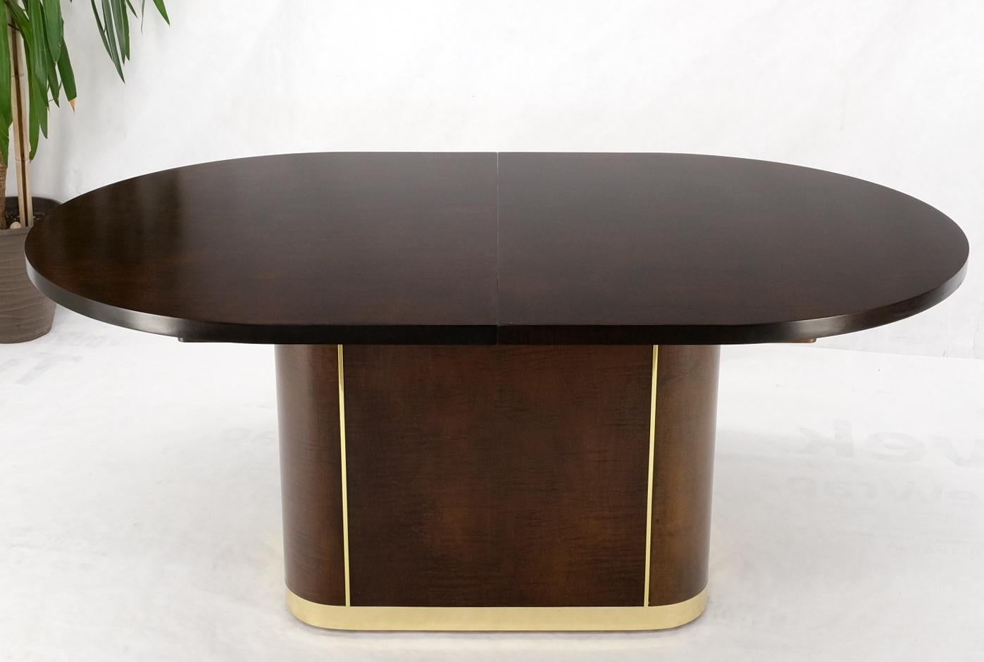 Mid-Century Modern Racetrack Oval Single Pedestal Base Brass Espresso Dining Conference Table