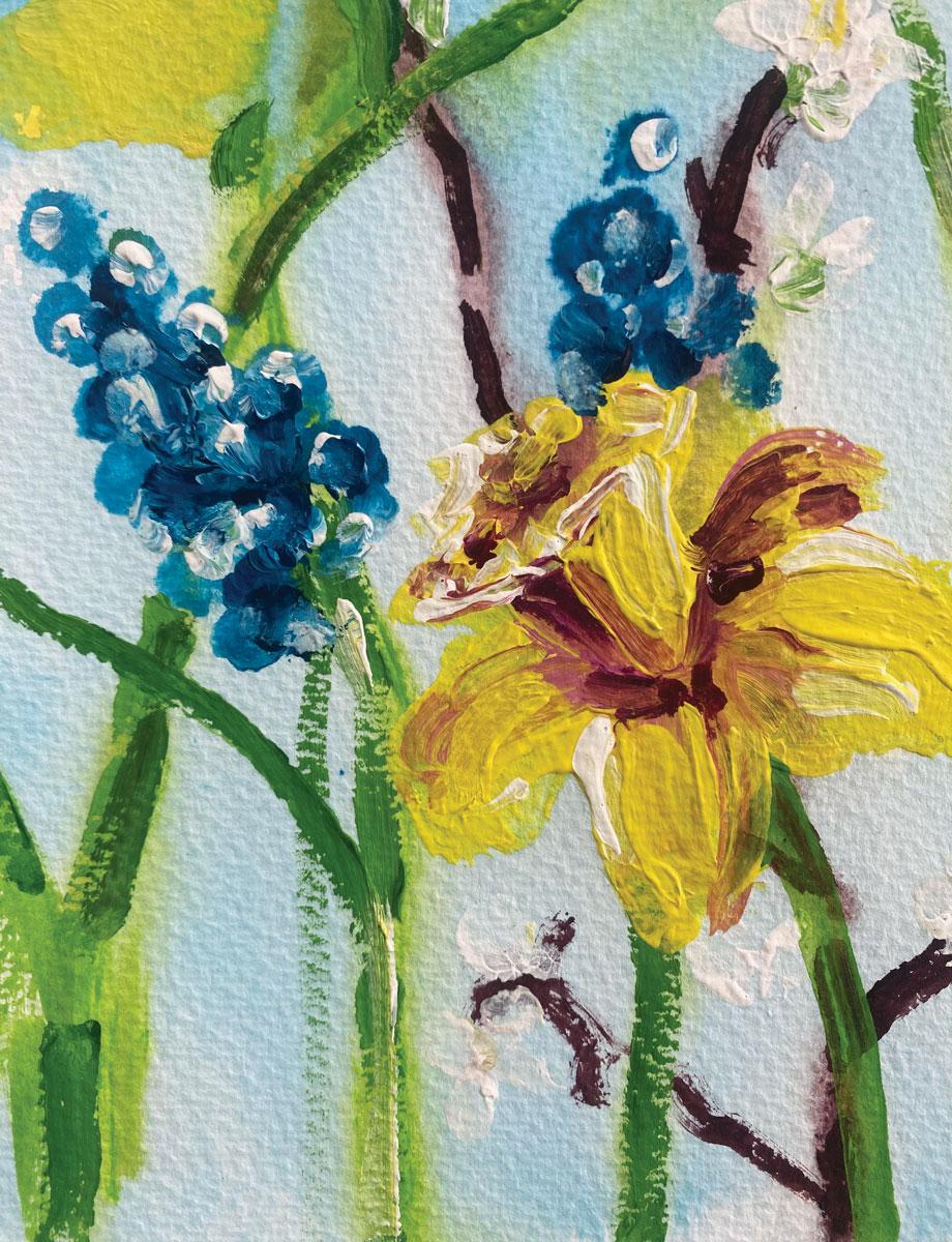 Une succession de fleurs printanières. par Rachael Dalzell. Acrylique sur papier. en vente 2