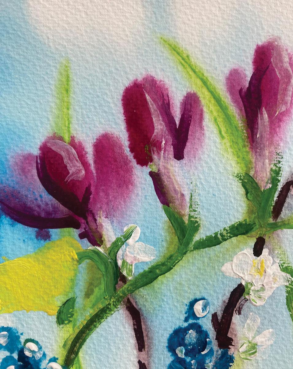 Une succession de fleurs printanières. par Rachael Dalzell. Acrylique sur papier. en vente 3