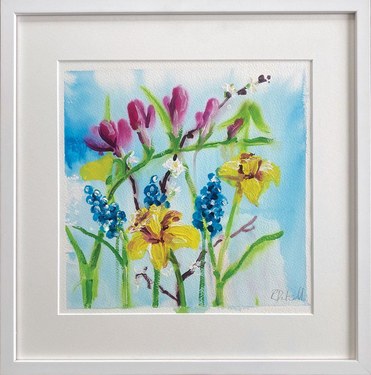 Une succession de fleurs printanières. par Rachael Dalzell. Acrylique sur papier. en vente 4