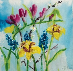 A succession of spring flowers. by Rachael Dalzell. Acrylic on paper.