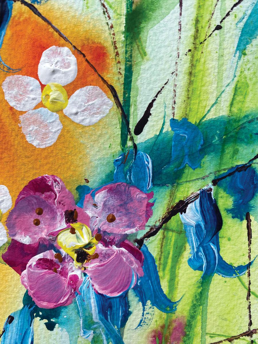 Un sourire ensoleillé - une peinture magnifique et lumineuse inspirée par les fleurs que Rachael voit lors de ses nombreuses promenades le long des marais du Norfolk.

Les œuvres sur papier de Rachael sont particulièrement organiques.  On laisse la