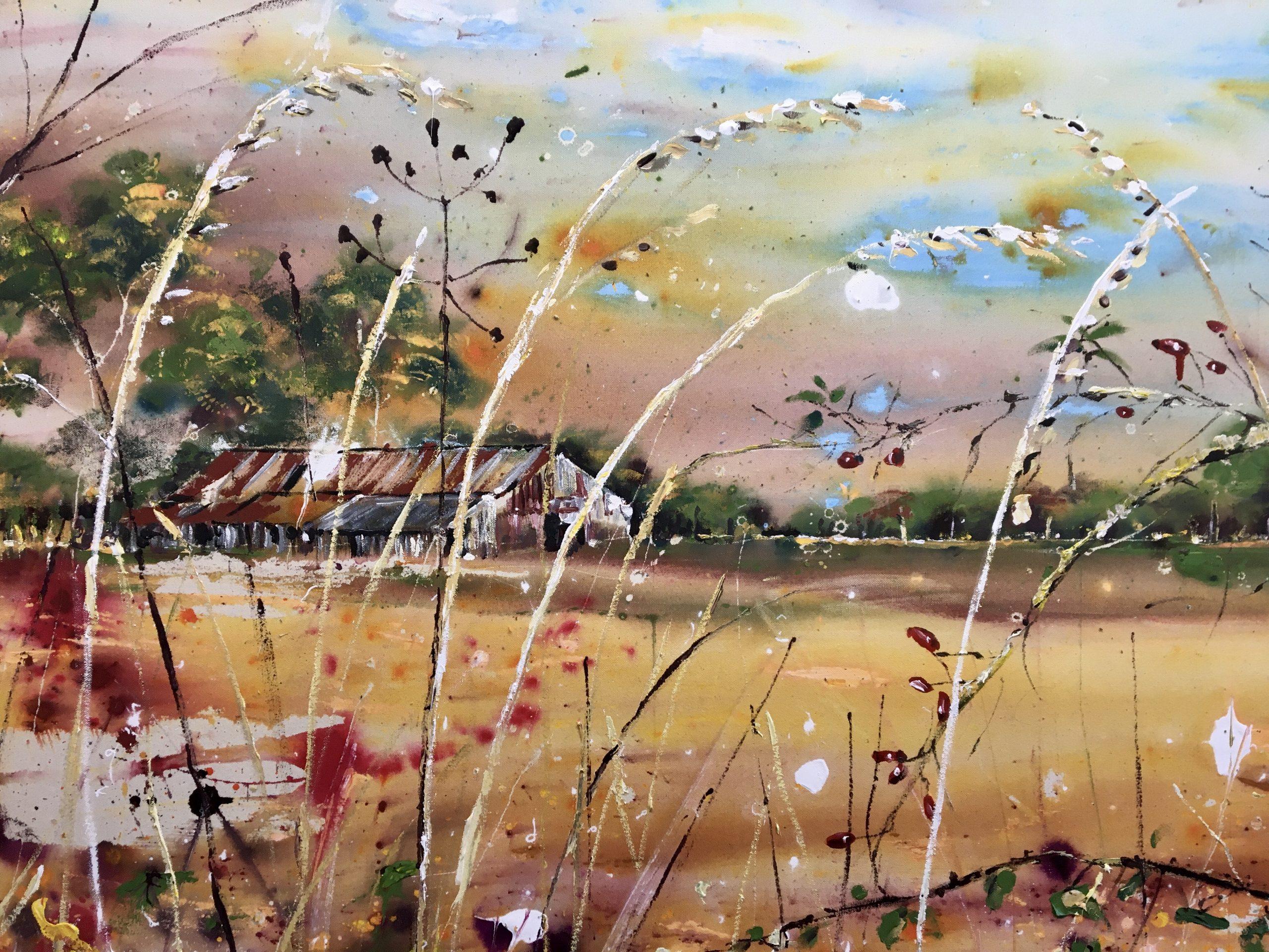 Across the Fields in Autumn by Rachael Dalzell.  Acrylic on canvas For Sale 1