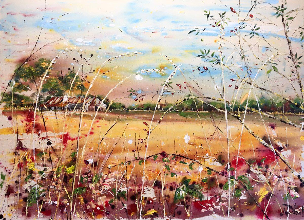 A glimpse through grasses and brambles across the fields in autumn light….

Rachael Dalzell’s paintings are colourful and expressive.  Her free and lively use of paint through various techniques,  mean that Rachael’s work is as much about mood as it