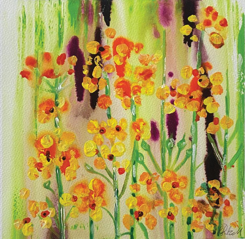 Rachael’s works on paper are particularly organic.  Diluted paint is allowed to migrate on a damp surface, sticks are used to daub and scratch,  heavier splatters are dropped, lines are augmented until a balance is reached.  The works are painted on