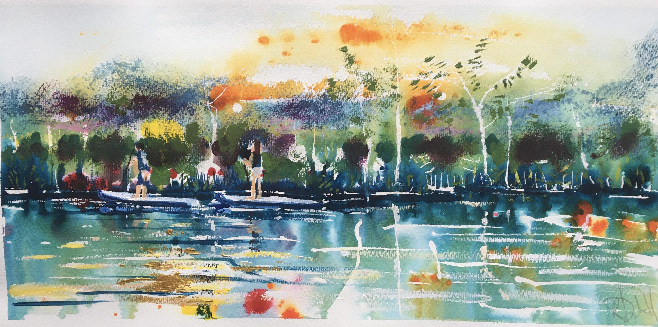 Paddelboarder genießen die untergehende Sonne über dem Fluss Bure....

Rachaels Arbeiten auf Papier sind besonders organisch.  Verdünnte Farbe wird auf eine feuchte Oberfläche aufgetragen, mit Stiften wird gekleckst und gekratzt,  schwerere Spritzer