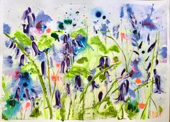 Bluebells III by Rachael Dalzell.  Acrylic on paper.  White wood frame.