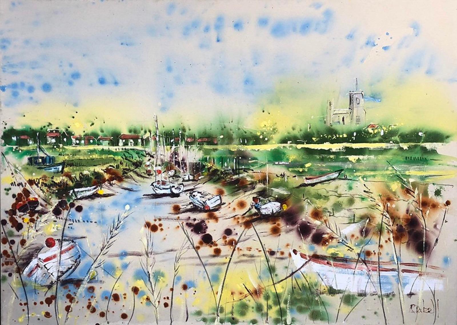 This piece is based on a view over boats on the marshes in early spring.

Rachael’s paintings are large, colourful and expressive.  Her free and lively use of paint through various techniques,  mean that Rachael’s work is as much about mood as it is