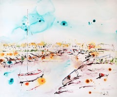Peinture acrylique sur papier « Boats at Low Tide in Blakeney » de Rachael Dalzell, non encadrée
