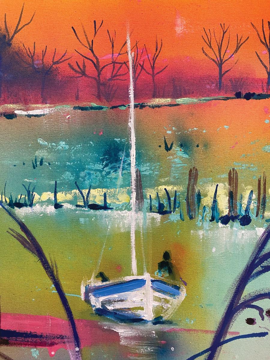 Bateaux au coucher du soleil - Expressionniste Painting par Rachael Dalzell