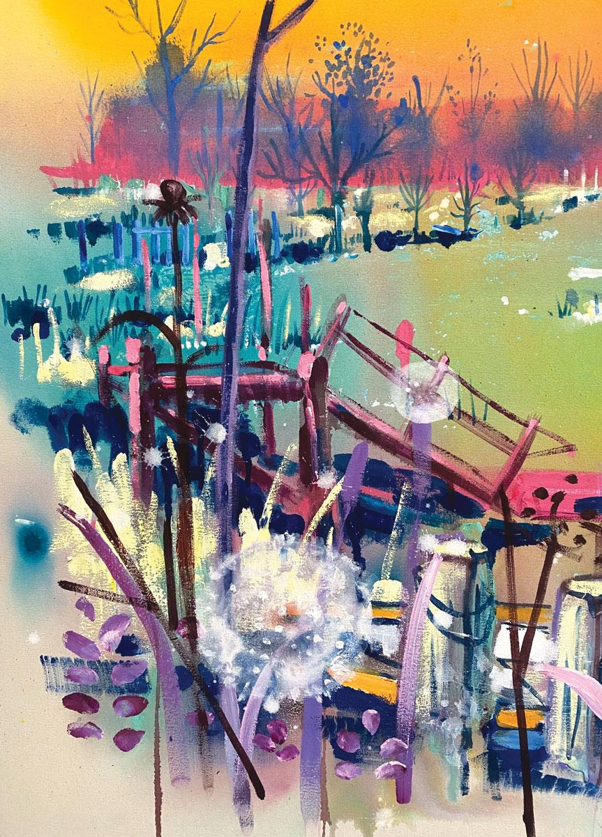 Bateaux au coucher du soleil - Marron Landscape Painting par Rachael Dalzell