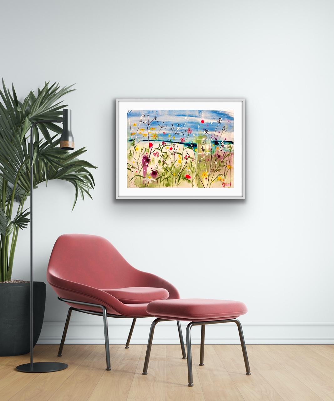 Bright and glowing is a joyful work on paper based on wild flowers on a summer's day.

Rachael’s works on paper are particularly organic.  Diluted paint is allowed to migrate on a damp surface, sticks are used to daub and scratch,  heavier splatters