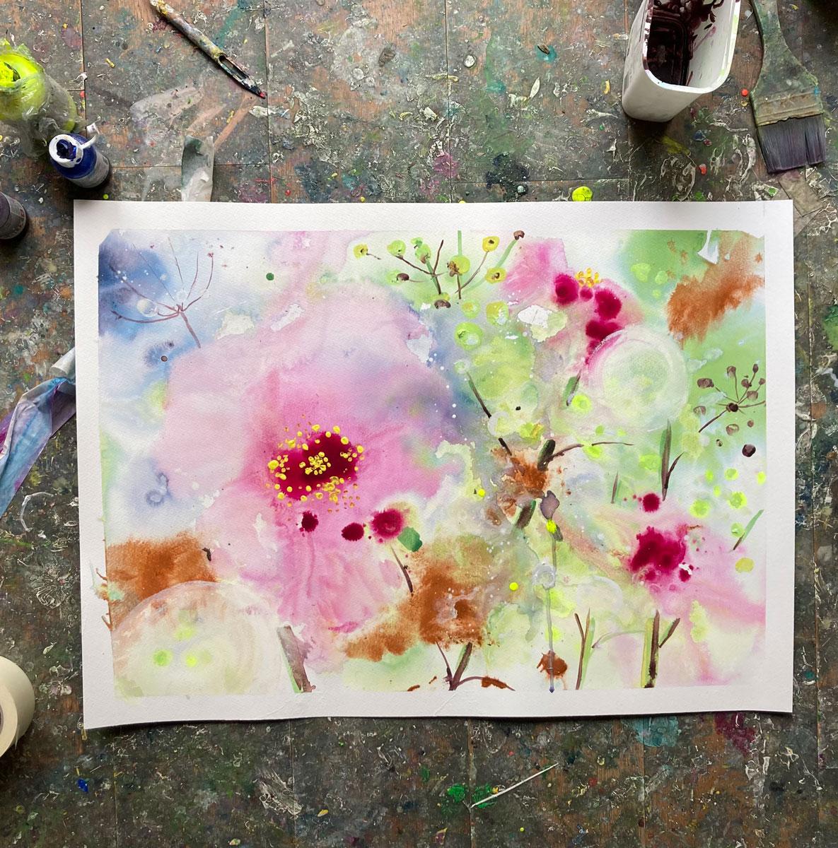 Cosmos from the garden (Impressionismus), Painting, von Rachael Dalzell