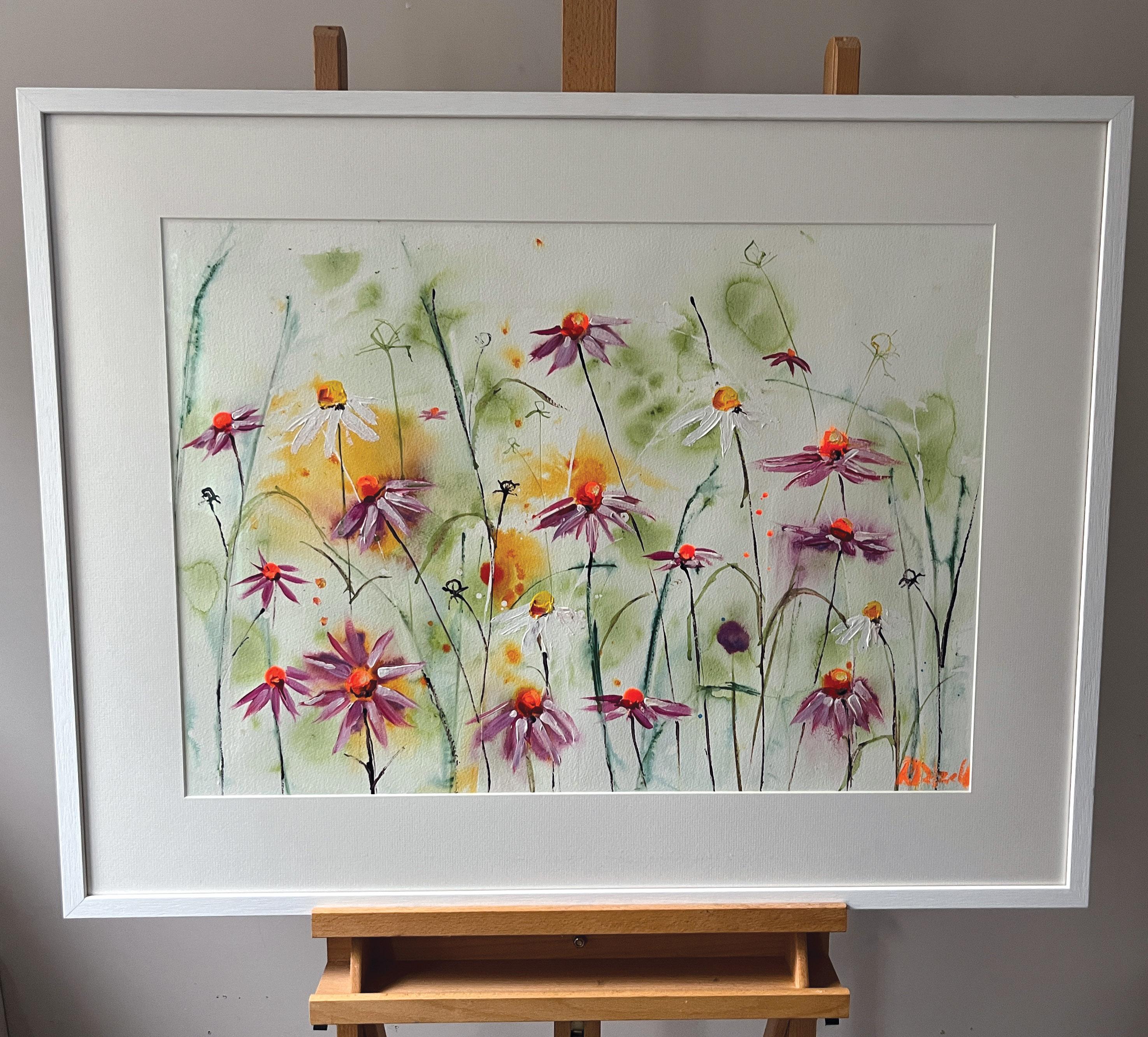 Dancing with daisies is a beautiful summer painting based on the joyful colours of a Norfolk summer. Inspired by the wild daisies that Rachael sees whilst walking her beloved dog Sandy.

Rachael’s works on paper are particularly organic.  Diluted