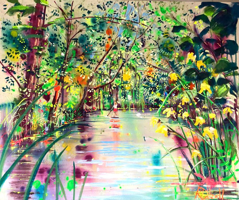 Cette peinture capture une belle pagaie le long de la rivière pendant les mois d'été.

Les peintures de Rachael Dalzell sont colorées et expressives.  Son utilisation libre et vivante de la peinture à travers différentes techniques,  signifie que le