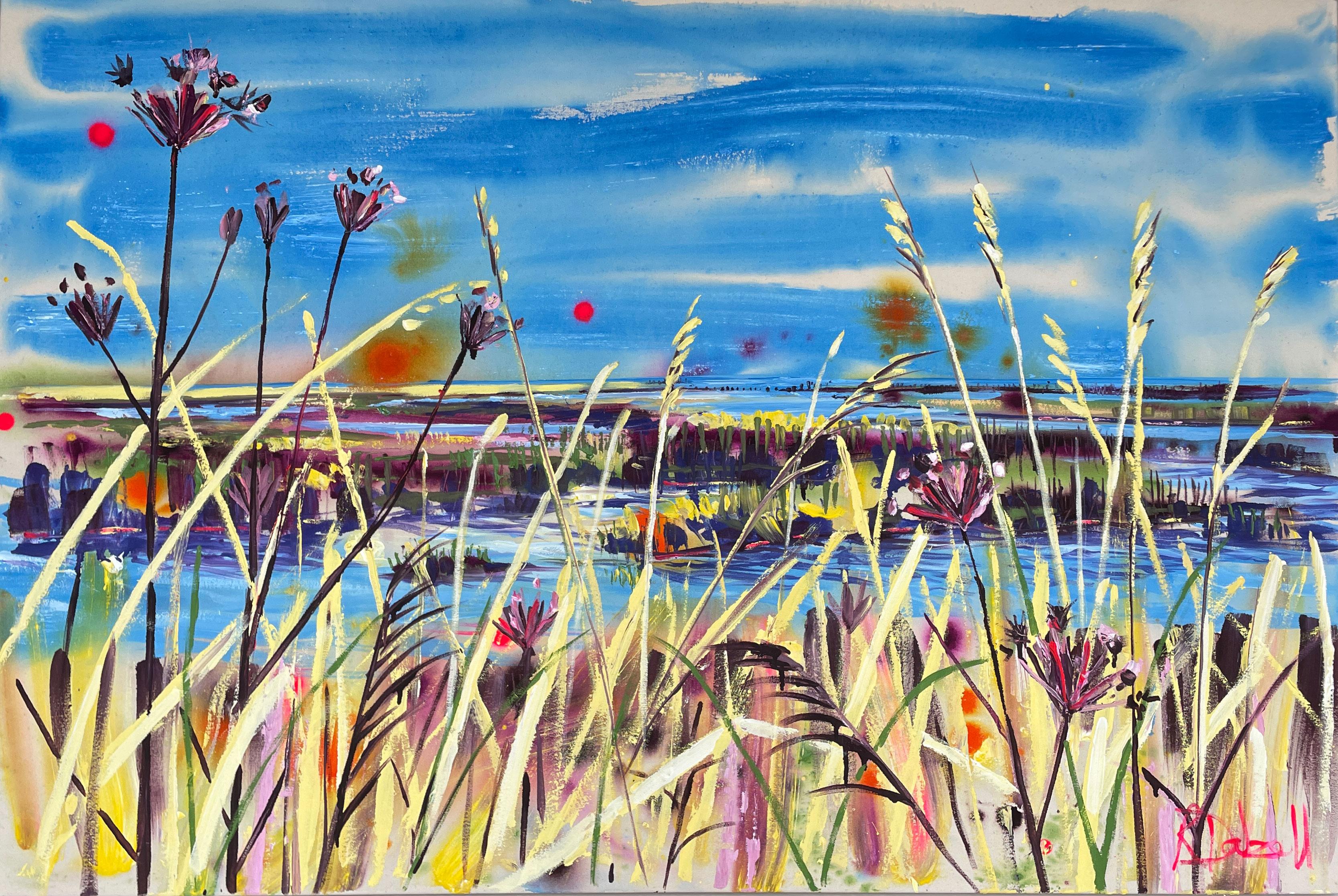 down by the marsh, painted in light" est une peinture expressive remplie de couleurs vibrantes et d'énergie.  Dalzell a choisi une palette chaude qui rappelle la faible luminosité des mois d'hiver.  La peinture est basée sur une promenade dans la
