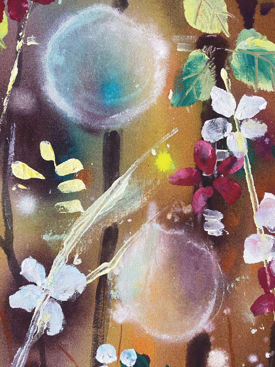 Along the paths of the Norfolk Broads during the winter months Rachael takes inspiration from the frost covering the trees and the stillness of the water. Using a number of photographs she creates one painting. Her use of bright colour and lively