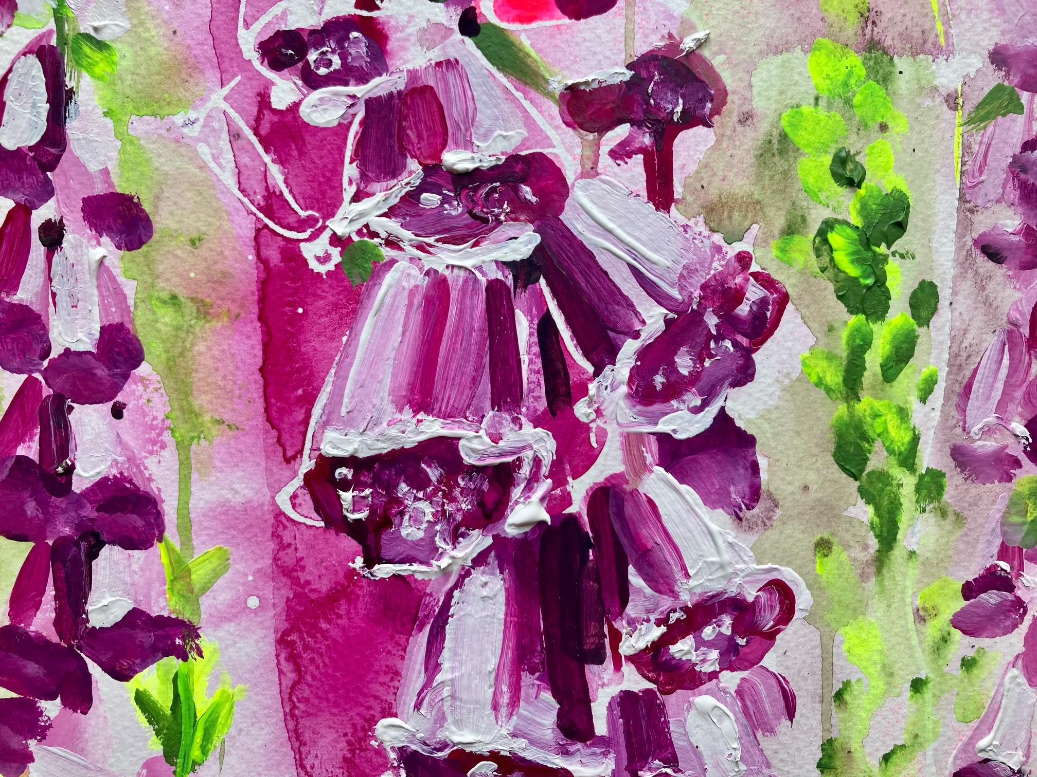 Fairies amongst the foxgloves by Rachael Dalzell. Acrylic on paper, framed. For Sale 1