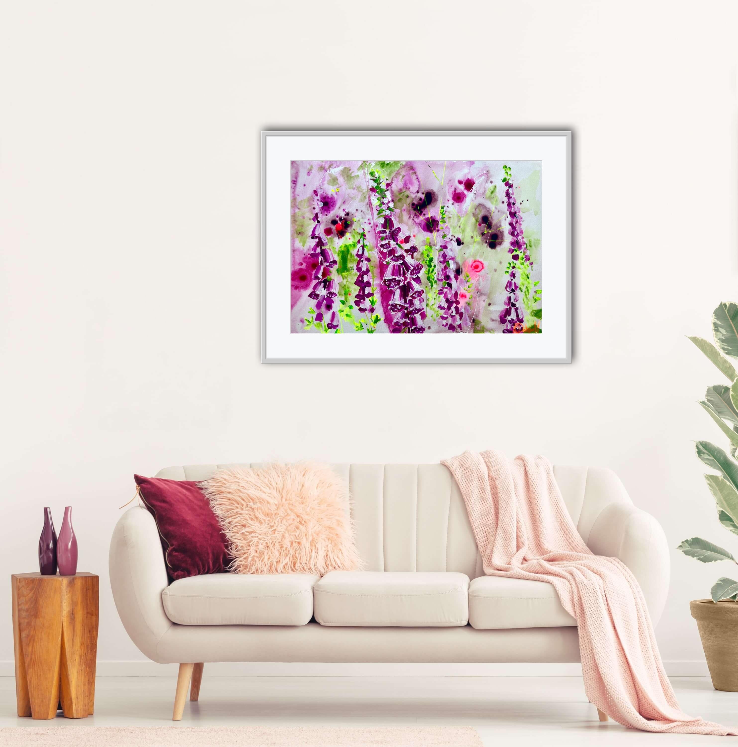 Fairies amongst the foxgloves by Rachael Dalzell. Acrylic on paper, framed. For Sale 3