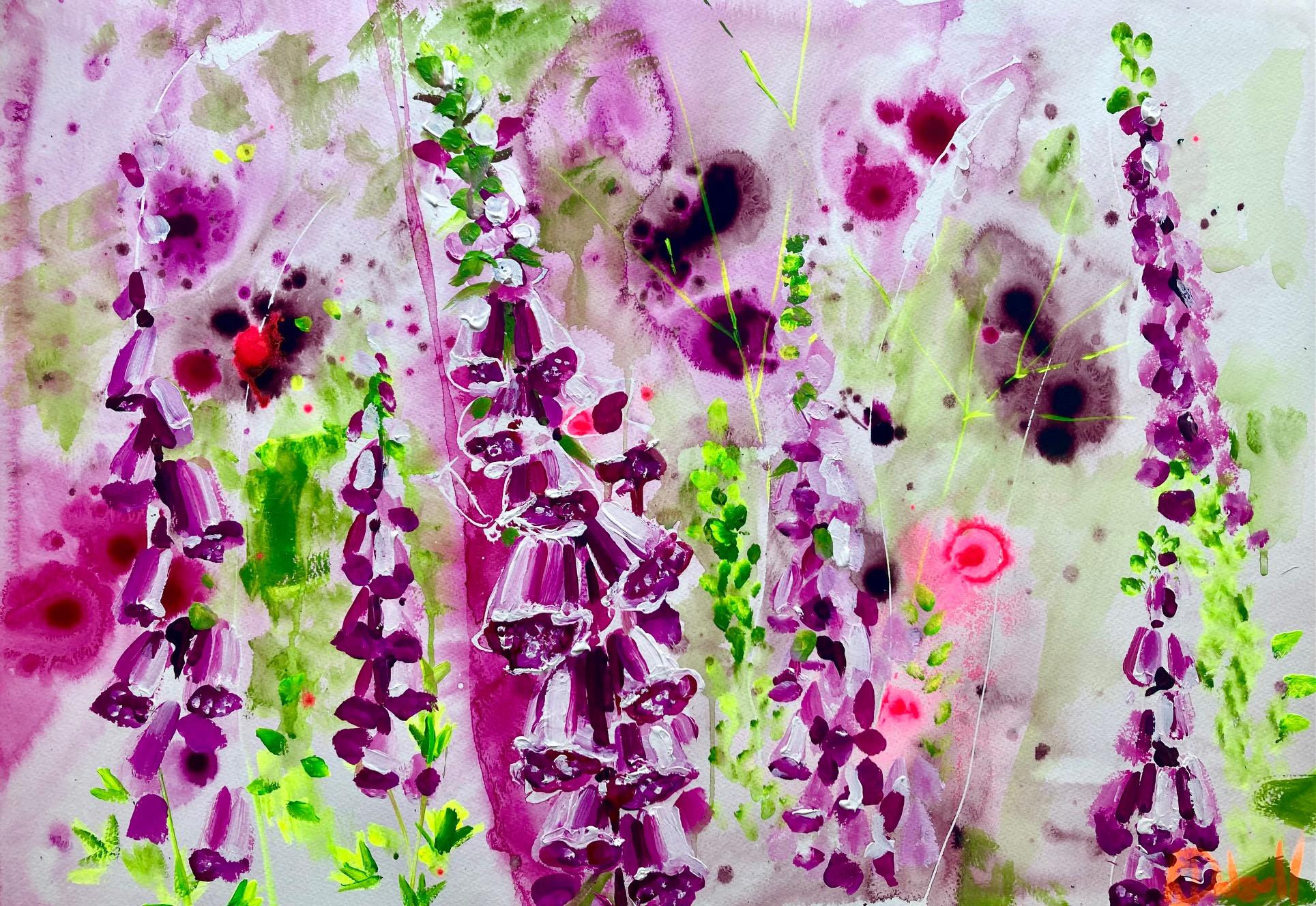 Fairies amongst the foxgloves is an expressive, vibrant work on paper which captures one of the most well known wildflowers of the english countryside…

Rachael’s works on paper are particularly organic.  Diluted paint is allowed to migrate on a