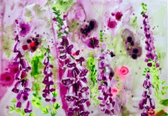 Fairies amongst the foxgloves by Rachael Dalzell. Acrylic on paper, framed.