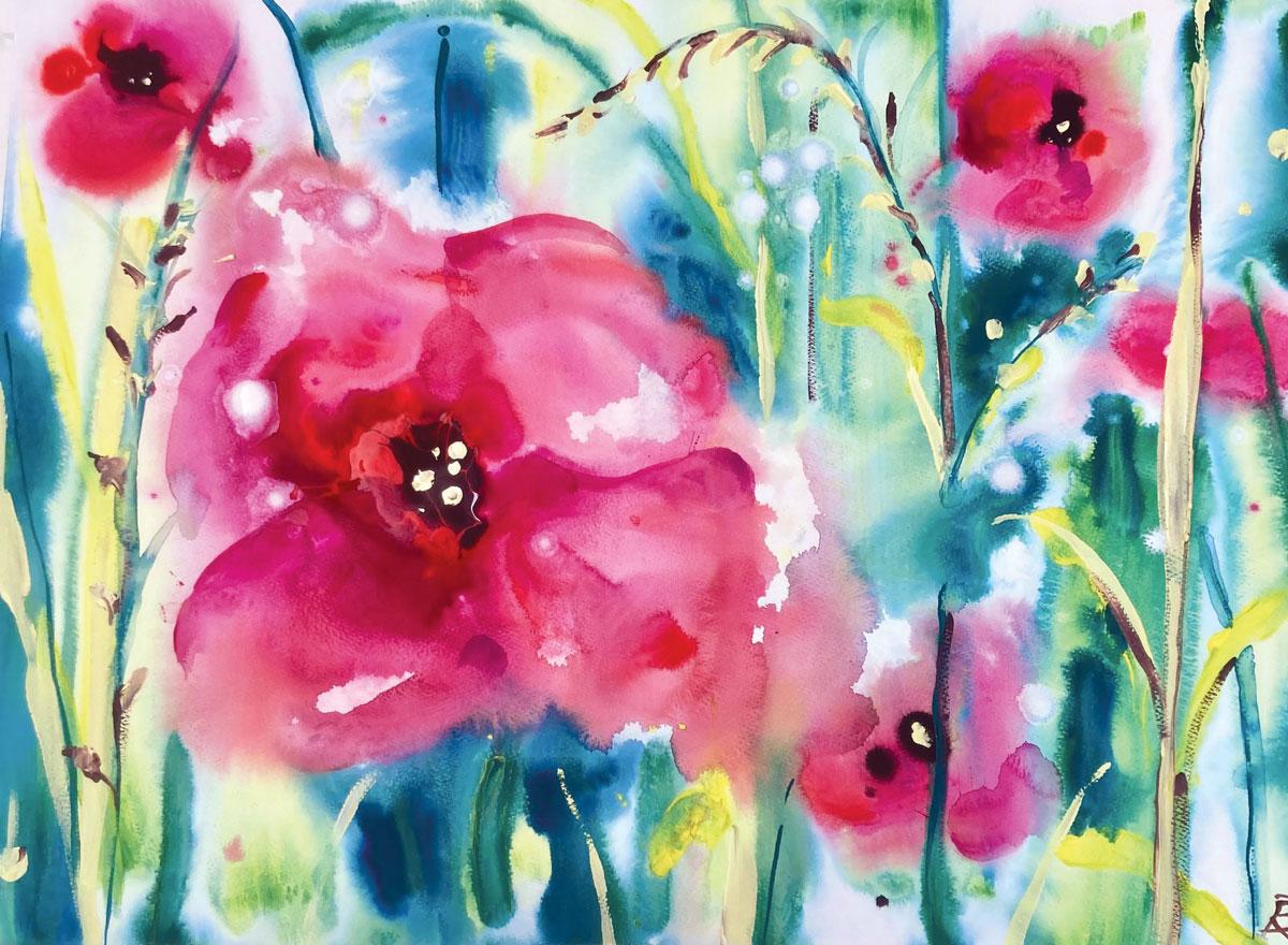 Hoffnung finden – Eine Sammlung kräftiger Mohnblumen, deren Blütenblätter sich in dynamischen Farbtönen entfalten und nahtlos mit den satten Grün- und Blautönen des hinteren Laubs verschmelzen. Zarte Stiele und elegant geschwungene Linien lenken den