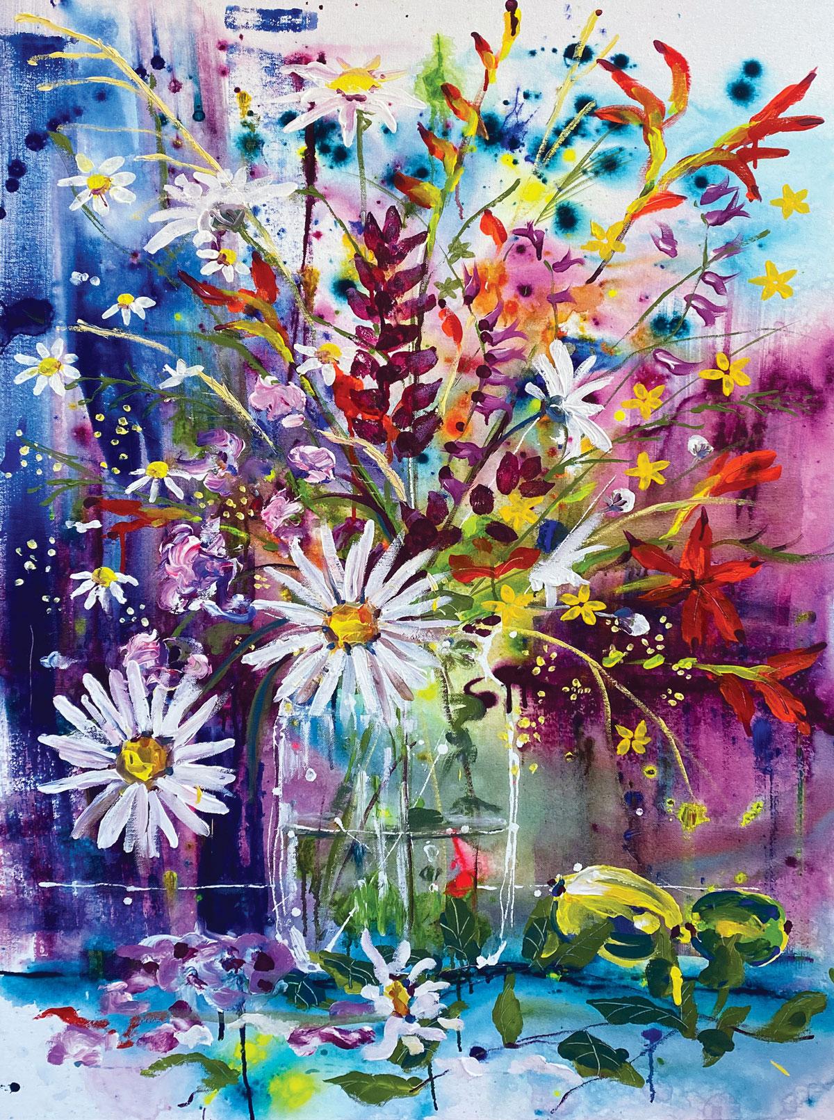 Flower Festival is inspired by the wild flowers that Rachael picks from her garden in the Norfolk countryside. She spends many days here where her studio is hidden.

Rachael Dalzell’s paintings are colourful and expressive.  Her free and lively use