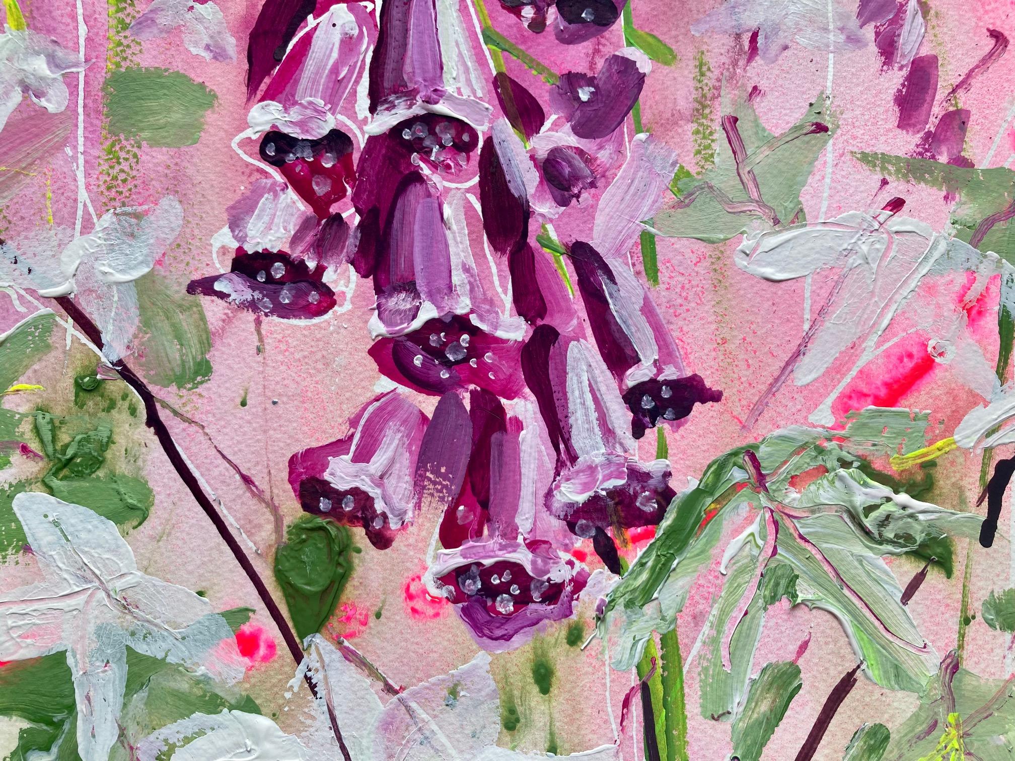 Foxglove bells for busy bees by Rachael Dalzell. Acrylic on paper, framed. For Sale 1