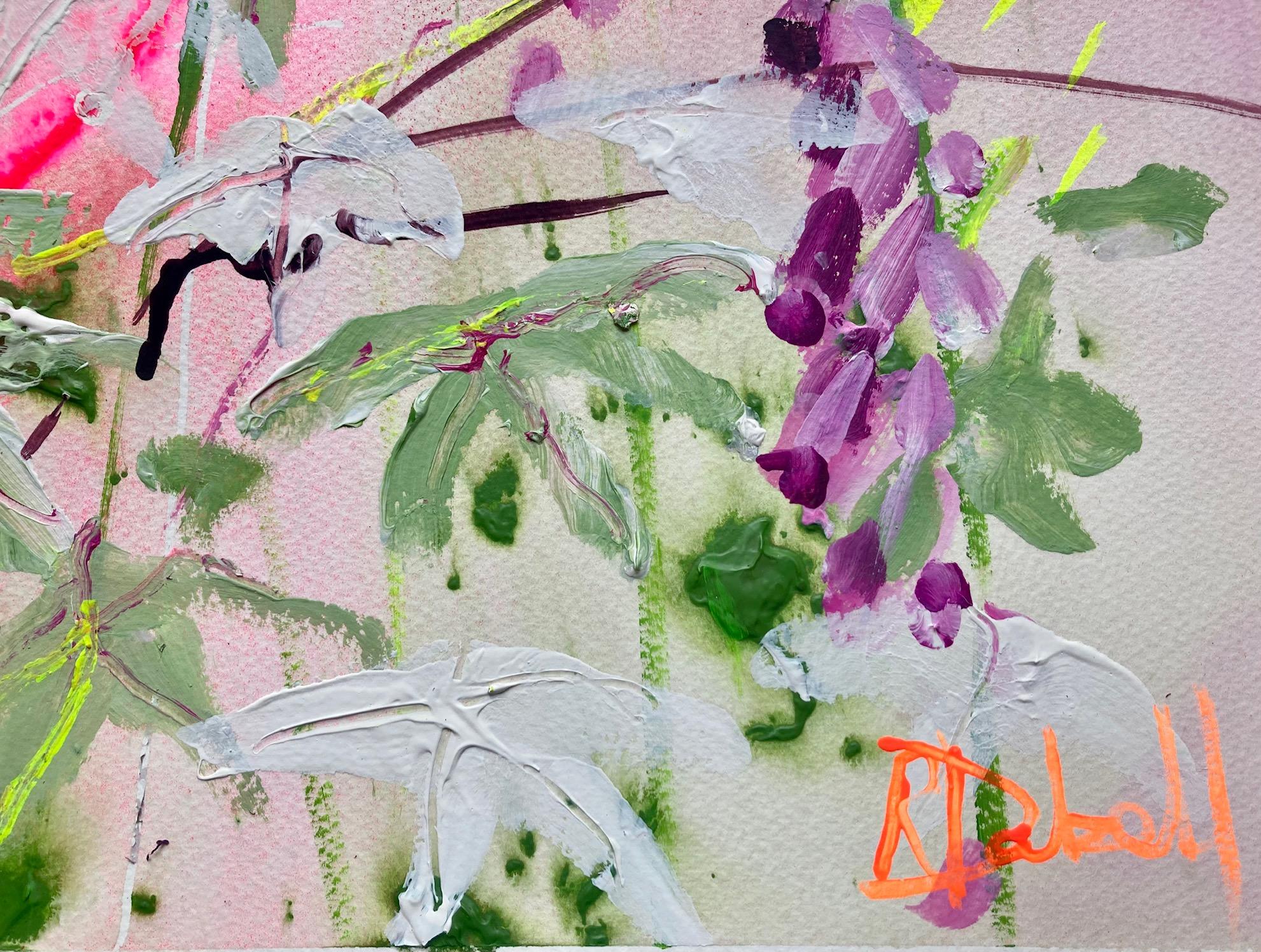 Foxglove bells for busy bees by Rachael Dalzell. Acrylic on paper, framed. For Sale 2