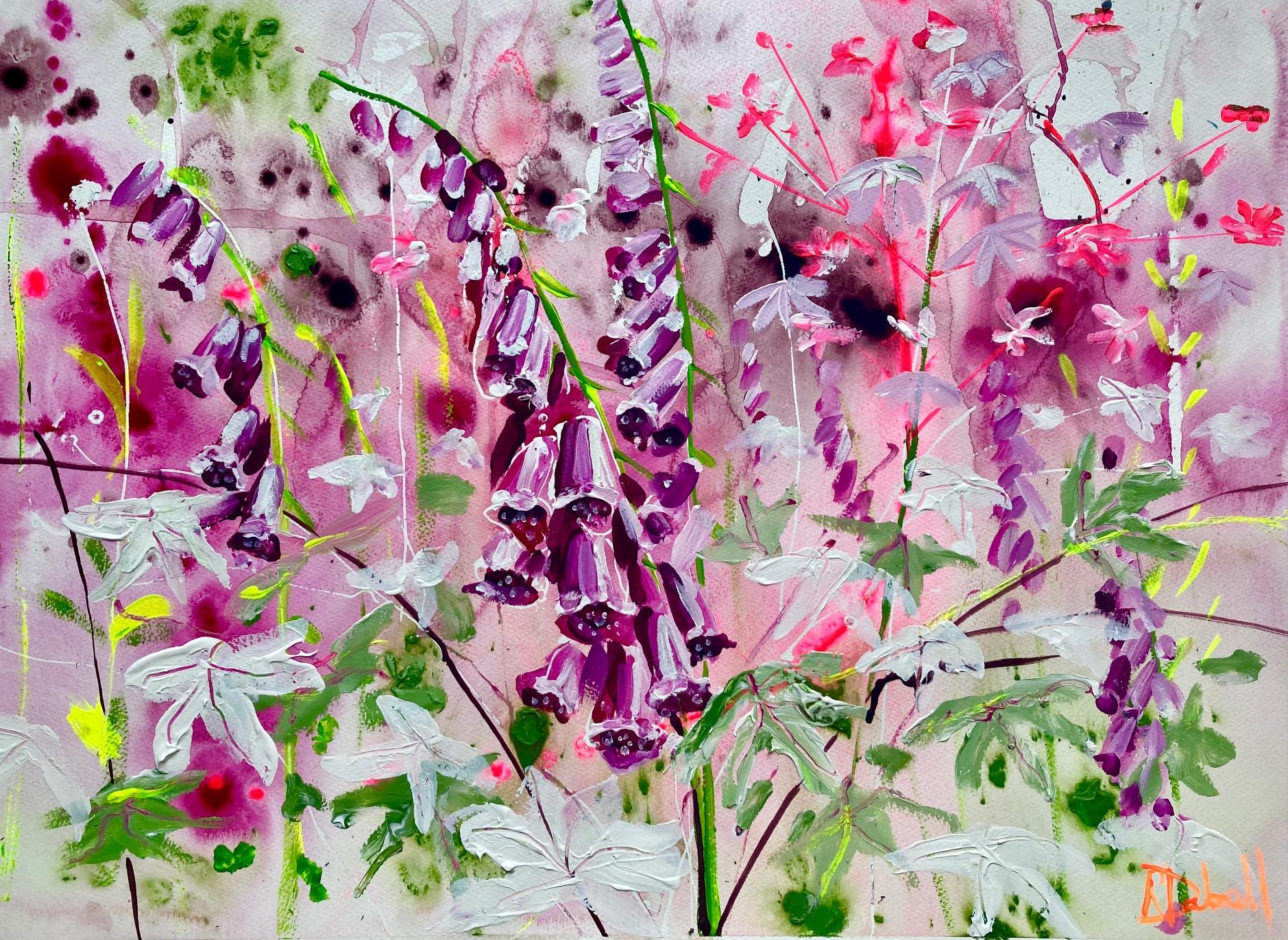 Foxglove bells for busy bees is an expressive, vibrant work on paper which captures one of the most well known wildflowers of the English countryside…

Rachael’s works on paper are particularly organic.  Diluted paint is allowed to migrate on a damp