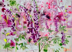 Foxglove bells for busy bees by Rachael Dalzell. Acrylic on paper, framed.