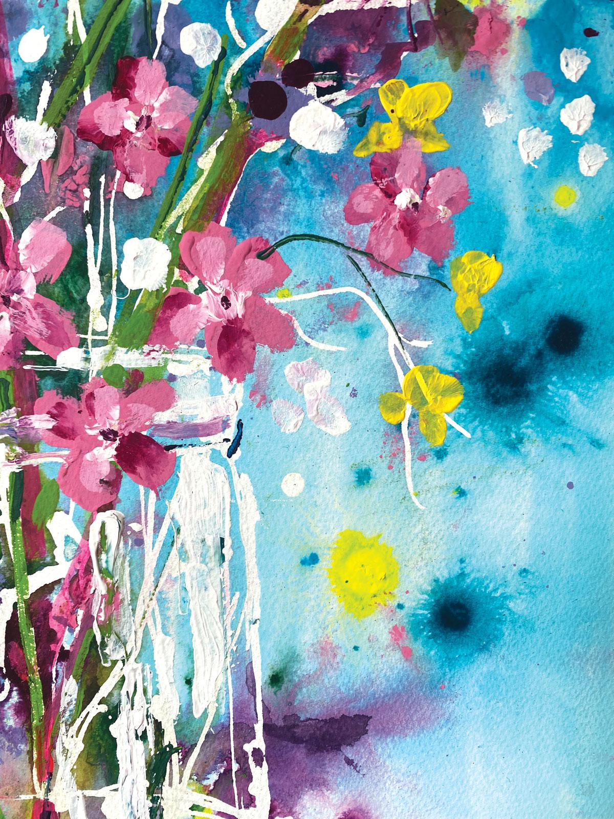 From fields of flowers is an expressive, vibrant work on paper. With splatters of neon yellow and pink amongst the texture of the paint, it is a bright and exciting still life of  wildflowers collected by Rachael on one of her many dog walks around