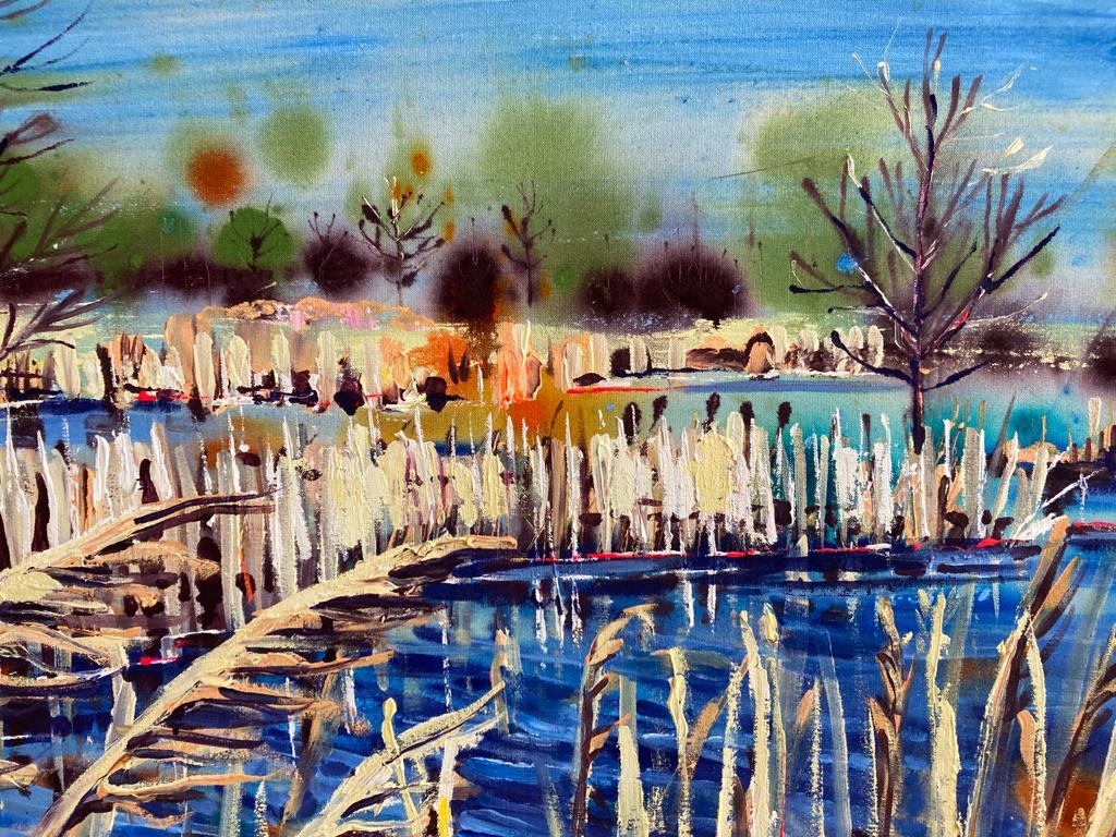 ‘From the calm whispers of reeds’ is a vibrant painting filled with the bright, cool colours of winter.  This painting is based on the Norfolk broads, with the reeds in the foreground create a greater depth to the work.

 Rachael Dalzell’s paintings