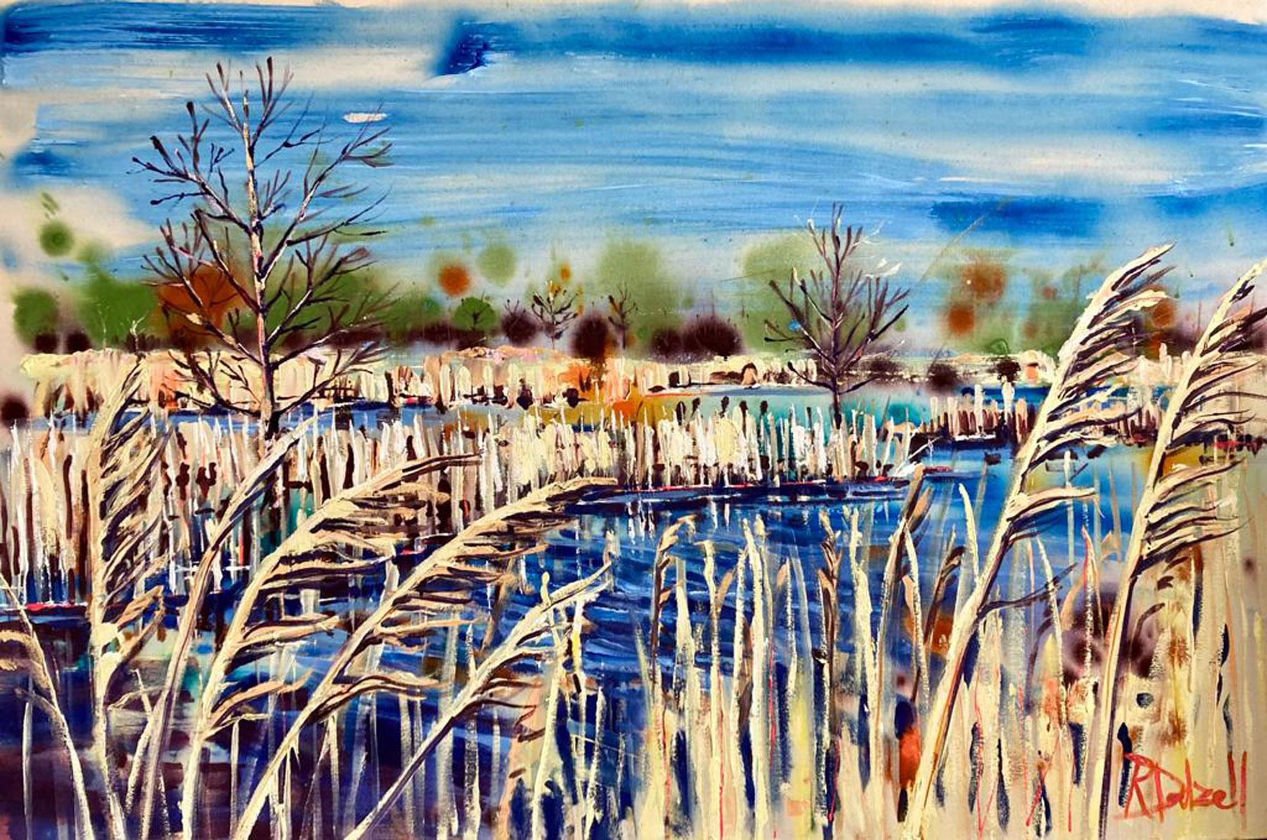 le tableau "From the calm whisper of reeds" est une peinture vibrante remplie des couleurs vives et froides de l'hiver.  Cette peinture est basée sur les Norfolk broads, avec les roseaux au premier plan qui donnent plus de profondeur à l'œuvre.

