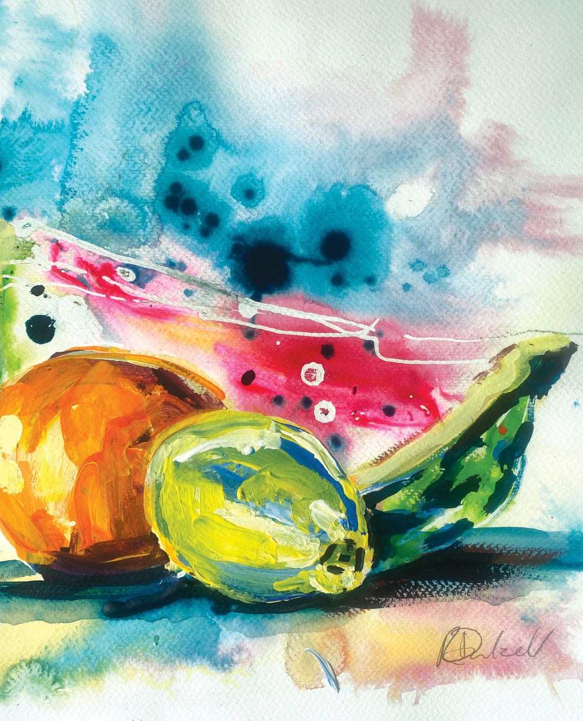 Fruit series #1 by Rachael Dalzell. Acrylic on paper.  For Sale 1
