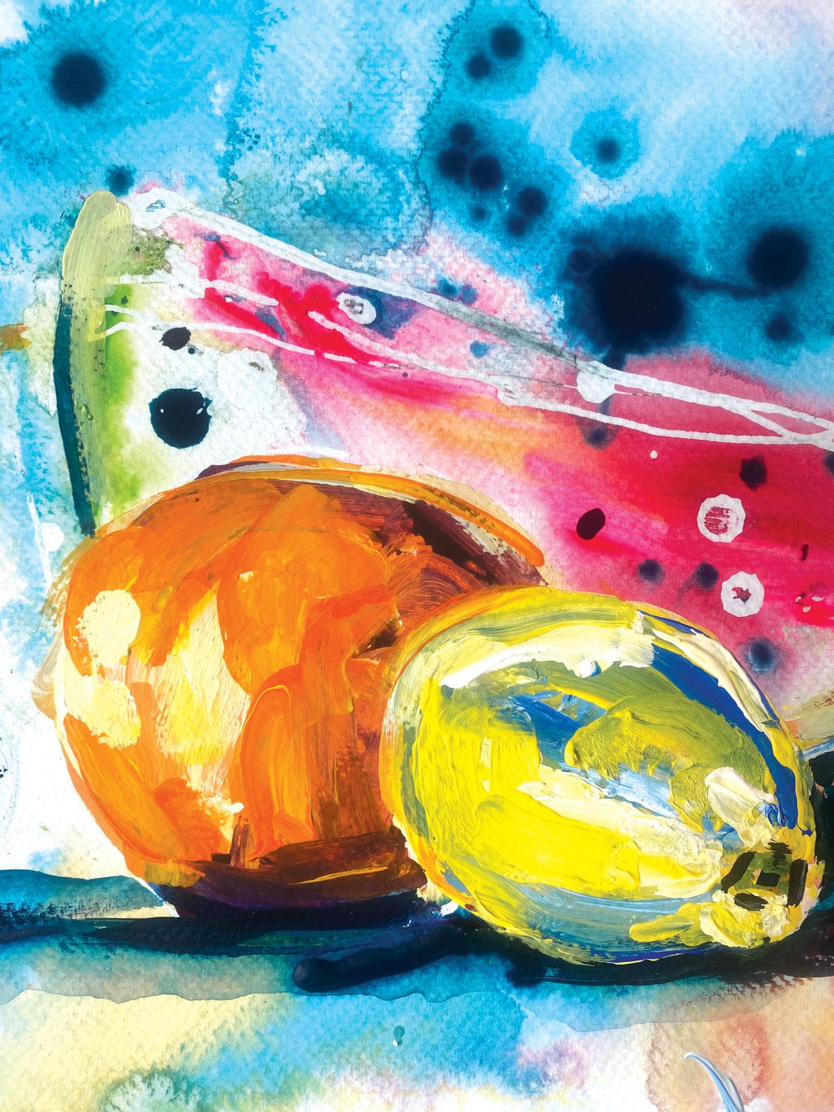 Obstserie #1 von Rachael Dalzell. Acryl auf Papier. im Angebot 2