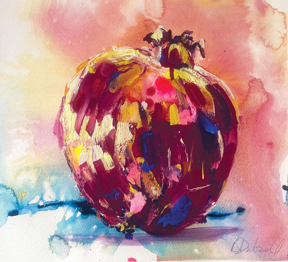 Rachael brings her inimitable style to the depiction of a classic still life.

Rachael’s works on paper are particularly organic.  Diluted paint is allowed to migrate on a damp surface, sticks are used to daub and scratch,  heavier splatters are