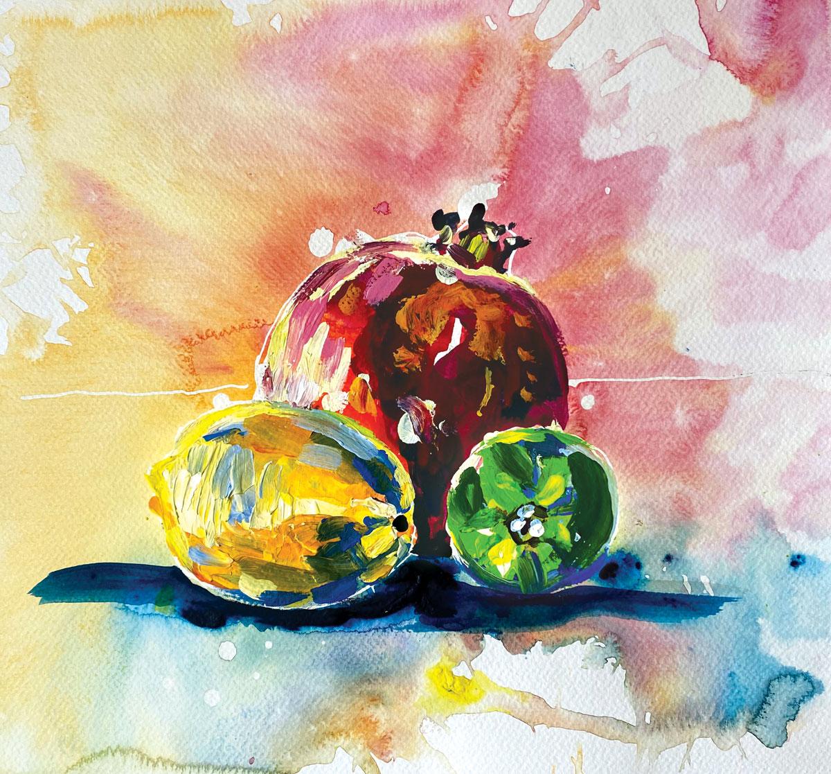 Fruit series #3 by Rachael Dalzell. Acrylic on paper. 