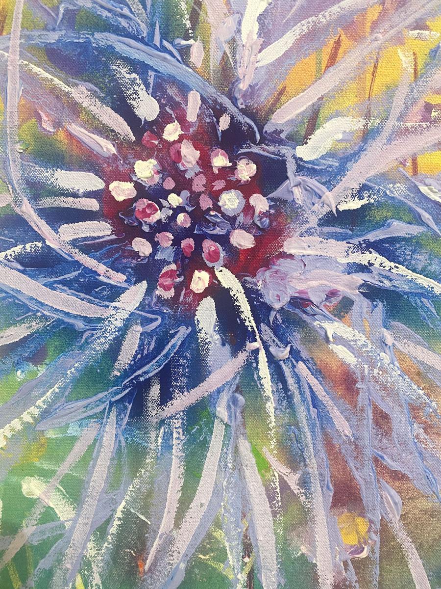 Hollyhocks in the hedgerow - Expressionist Painting by Rachael Dalzell