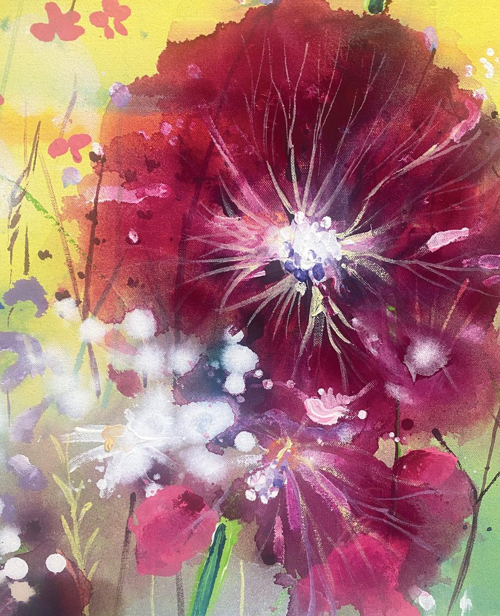 Hollyhocks in the hedgerow is a joyful painting inspired by wild flowers in a Norfolk hedgerow.

Rachael derives much of her inspiration from her life in Norfolk where she she enjoys dog walks along the North Norfolk coast and working in her studio