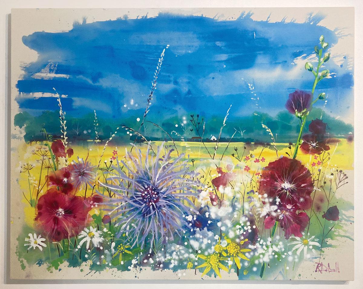Hollyhocks in the hedgerow - Painting by Rachael Dalzell