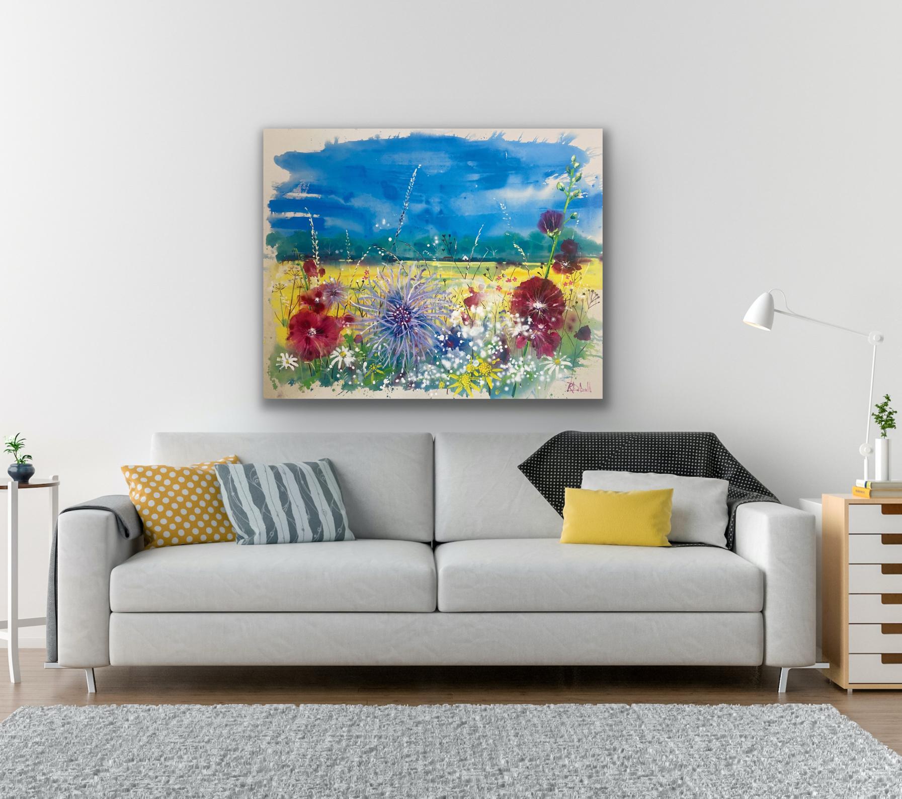 Hollyhock dans le bocage, peinture originale, contemporaine en vente 7