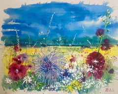 Hollyhocks in the hedgerow, original painting, contemporary
