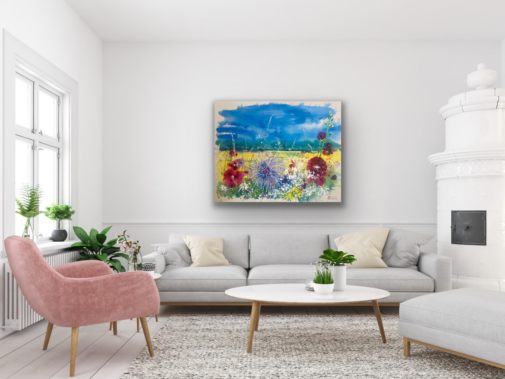 Hollyhock dans le bocage, peinture originale, contemporaine en vente 6