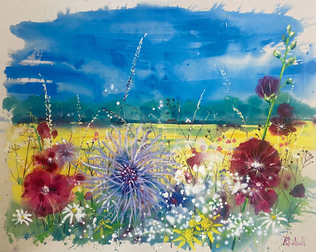 Hollyhocks in der Hecke, Originalgemälde, Contemporary