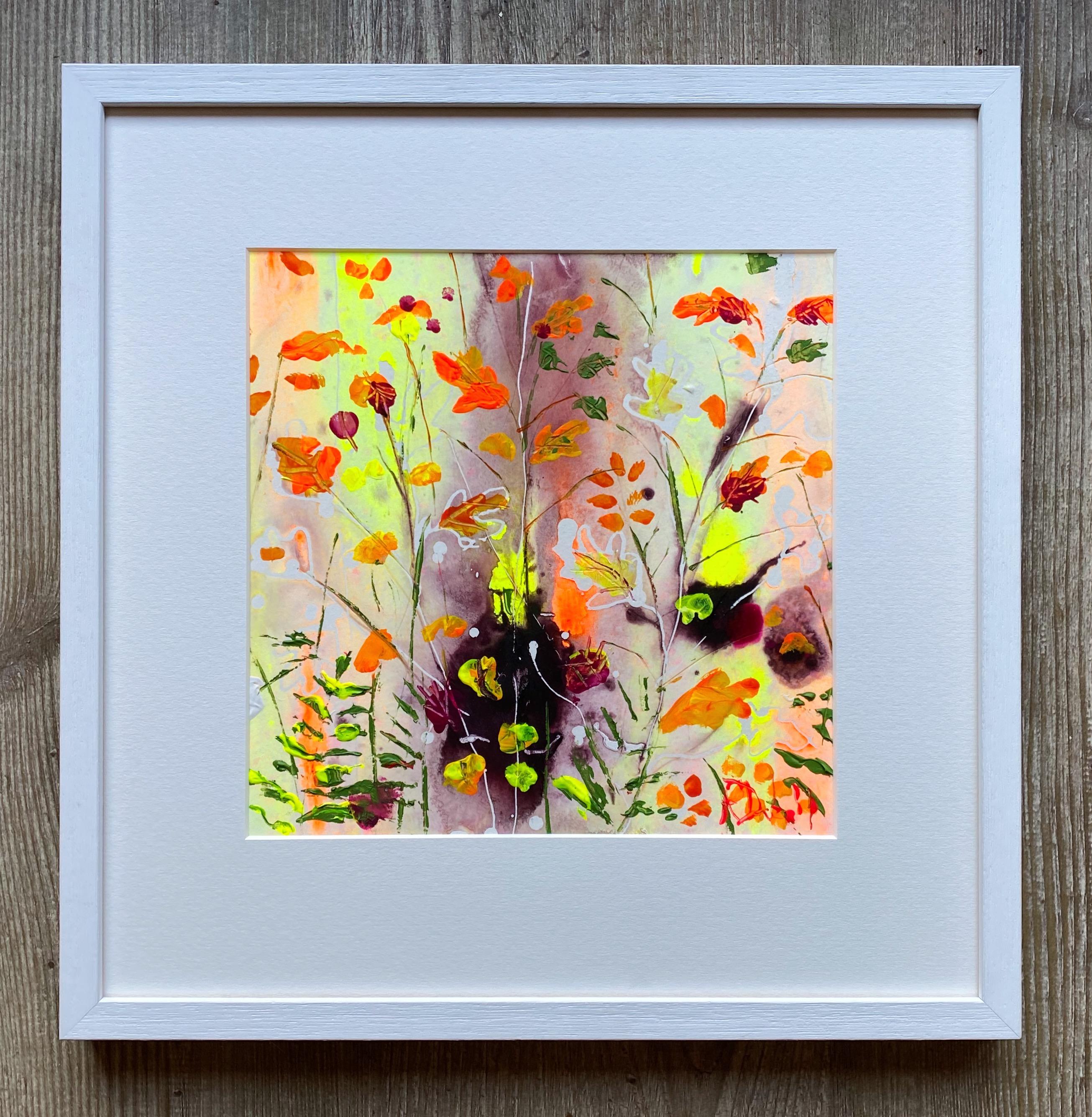 Fire of the forest. Acrylic on paper. White wood frame 2
