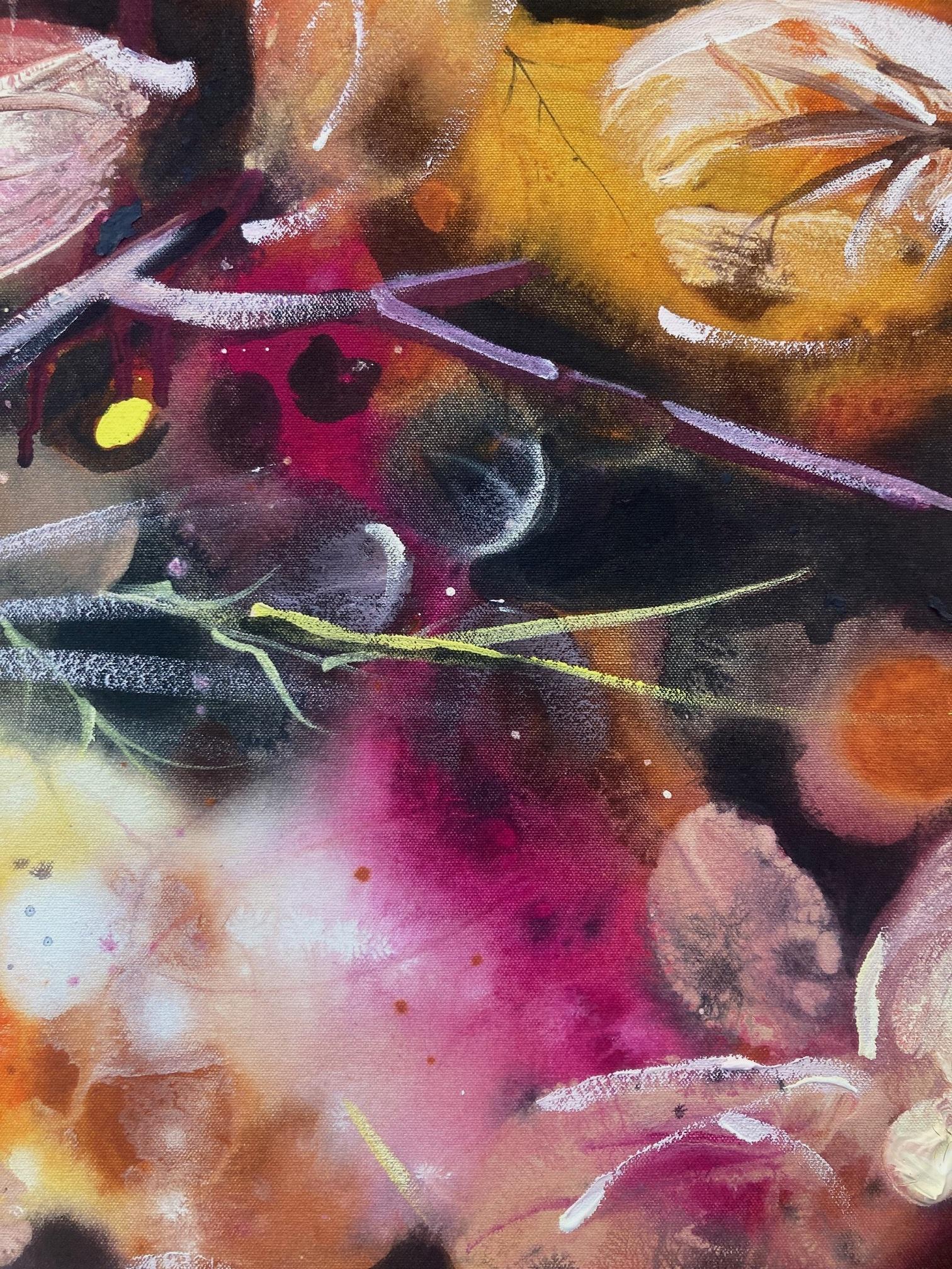 Hydrangeas and Rose Hips is a vibrant explosion of colour and form, skillfully blending organic and abstract elements, petals and leaves intertwine in a lively dance. Dalzells precise technique and bold choice of colors highlight a celebration of